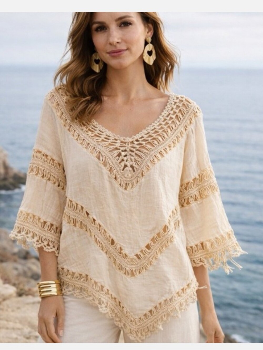 ✨5 For $25 Boho Crochet Trim Cream Tunic Top - Picture 2 of 4